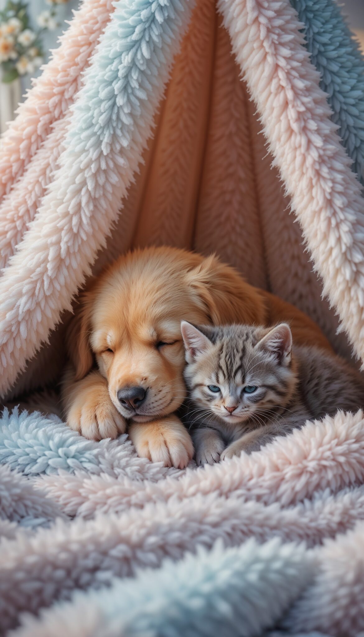 golden_retriever_puppy_and_gray_kitten_sleeping_in_blanket_fort_cute_dog_and_cat_mobile_phone_wallpaper_HD