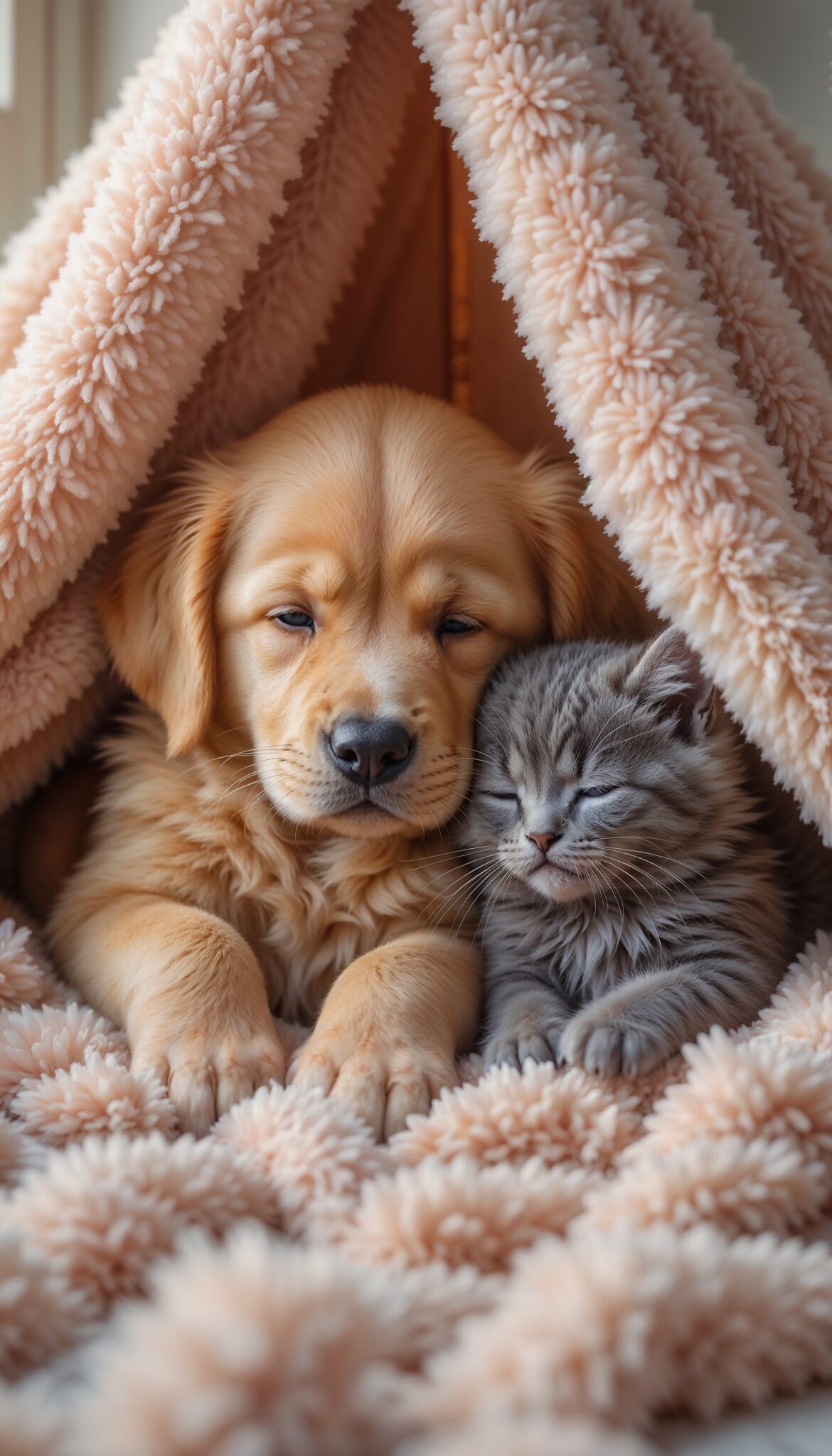 golden_retriever_puppy_and_gray_kitten_sleeping_in_blanket_fort_cute_dog_and_cat_mobile_phone_wallpaper_HD