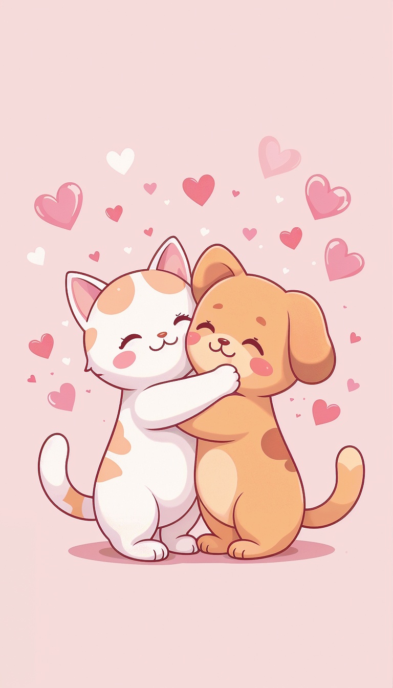 kawaii_cat_and_dog_hugging_with_hearts_and_stars_cute_cartoon_pet_mobile_phone_wallpaper_HD