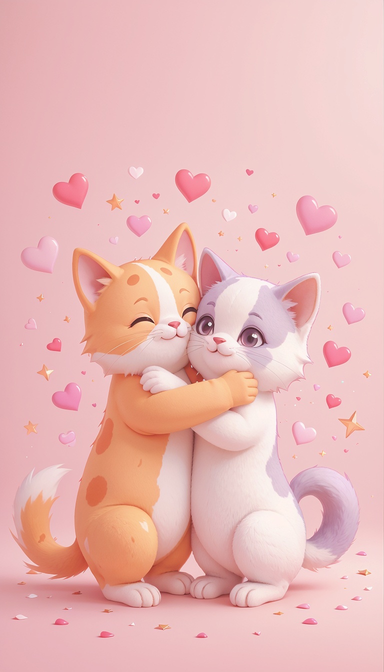 kawaii_cat_and_dog_hugging_with_hearts_and_stars_cute_cartoon_pet_mobile_phone_wallpaper_HD