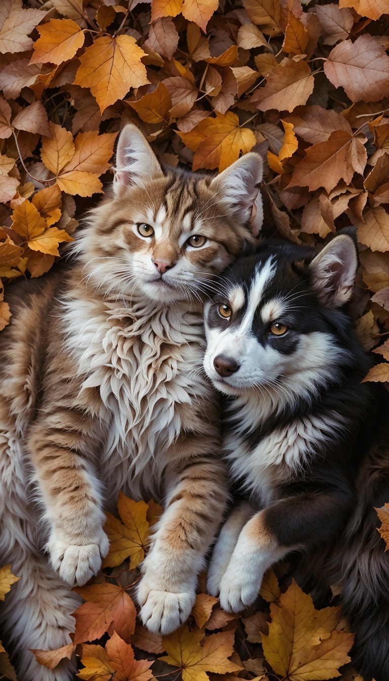 maine_coon_cat_and_husky_puppy_lying_in_autumn_leaves_cute_fall_pet_mobile_phone_wallpaper_HD