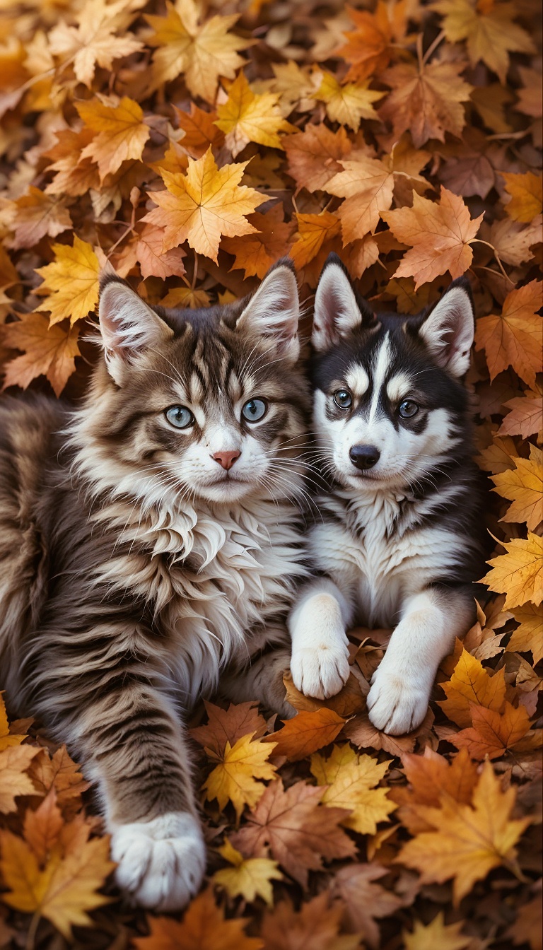 maine_coon_cat_and_husky_puppy_lying_in_autumn_leaves_cute_fall_pet_mobile_phone_wallpaper_HD