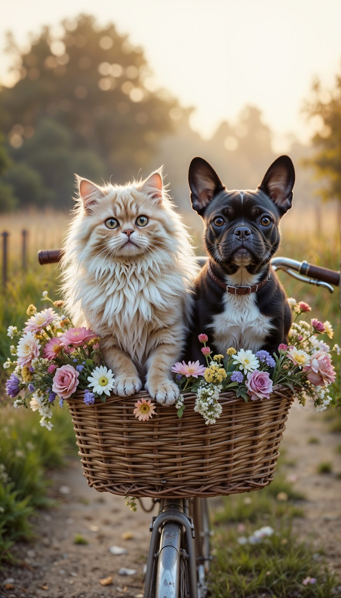 persian_cat_and_french_bulldog_in_flower_filled_bicycle_basket_cute_mobile_phone_wallpaper_HD