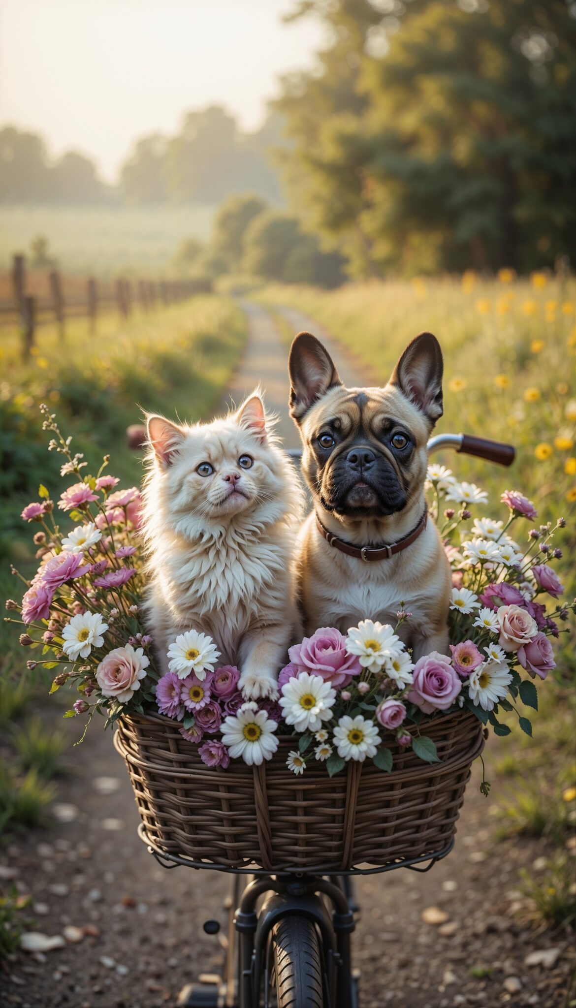 persian_cat_and_french_bulldog_in_flower_filled_bicycle_basket_cute_mobile_phone_wallpaper_HD
