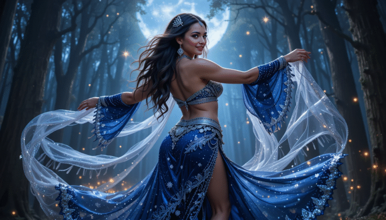 Hot-and-beautiful-Belly-Dancer-in-Blue-Outfit-in-Arabic-Background-with-Moon-in-Sky