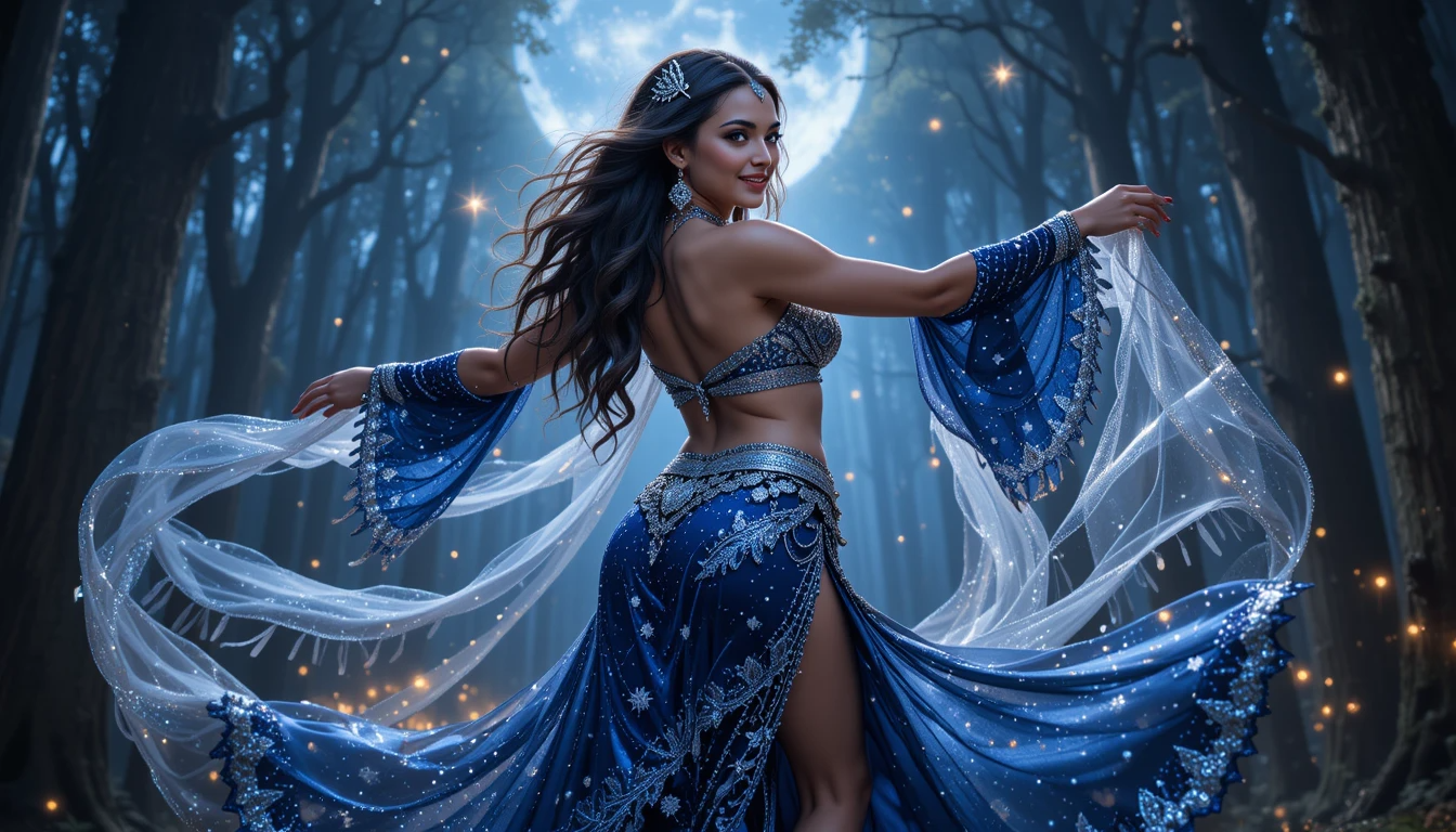 Hot-and-beautiful-Belly-Dancer-in-Blue-Outfit-in-Arabic-Background-with-Moon-in-Sky