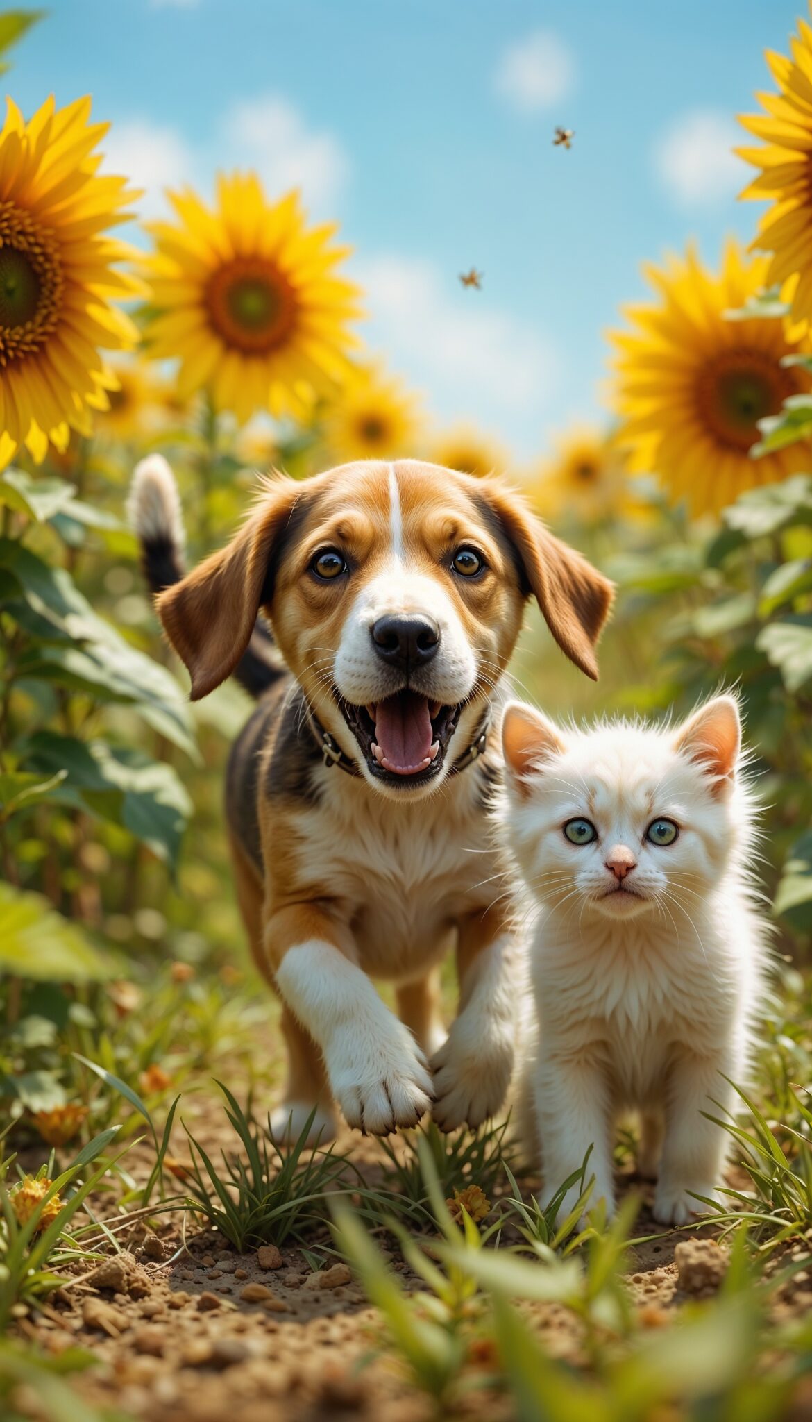 playful_beagle_puppy_chasing_white_kitten_in_sunflower_field_cute_pet_mobile_phone_wallpaper_HD
