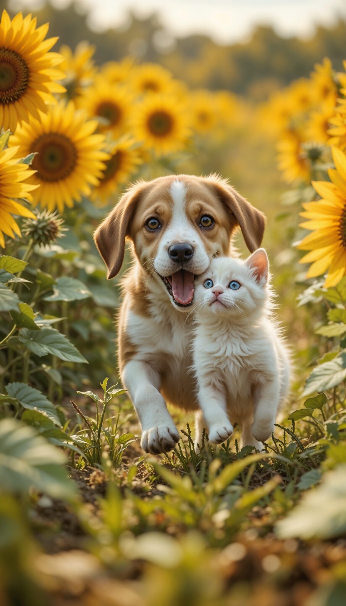 playful_beagle_puppy_chasing_white_kitten_in_sunflower_field_cute_pet_mobile_phone_wallpaper_HD