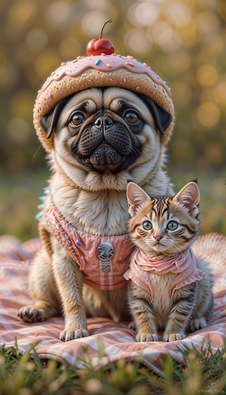 pug_dressed_as_donut_and_kitten_as_cupcake_funny_cute_pet_wallpaper_for_mobile_phone_wallpaper_HD