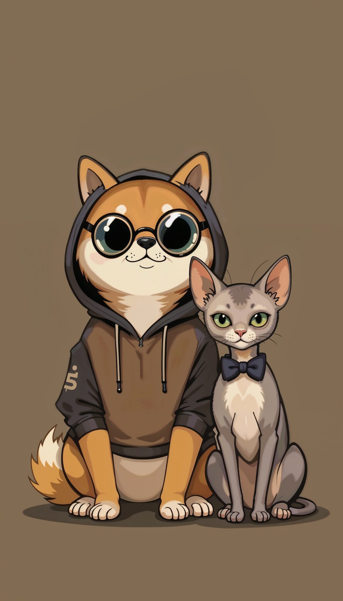 shiba_inu_with_glasses_and_sphynx_cat_in_bowtie_minimal_cute_pet_mobile_phone_wallpaper_HD