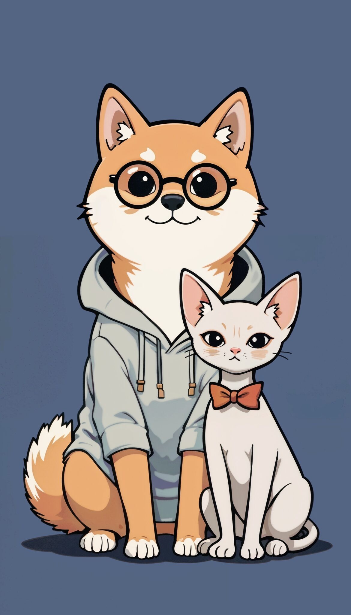 shiba_inu_with_glasses_and_sphynx_cat_in_bowtie_minimal_cute_pet_mobile_phone_wallpaper_HD