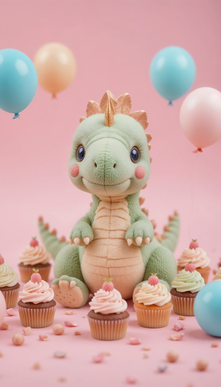 Kawaii_Dinosaur_Plush_With_Cupcakes_And_Balloons_On_Pastel_Pink_Cute_Wallpaper_For_Phone