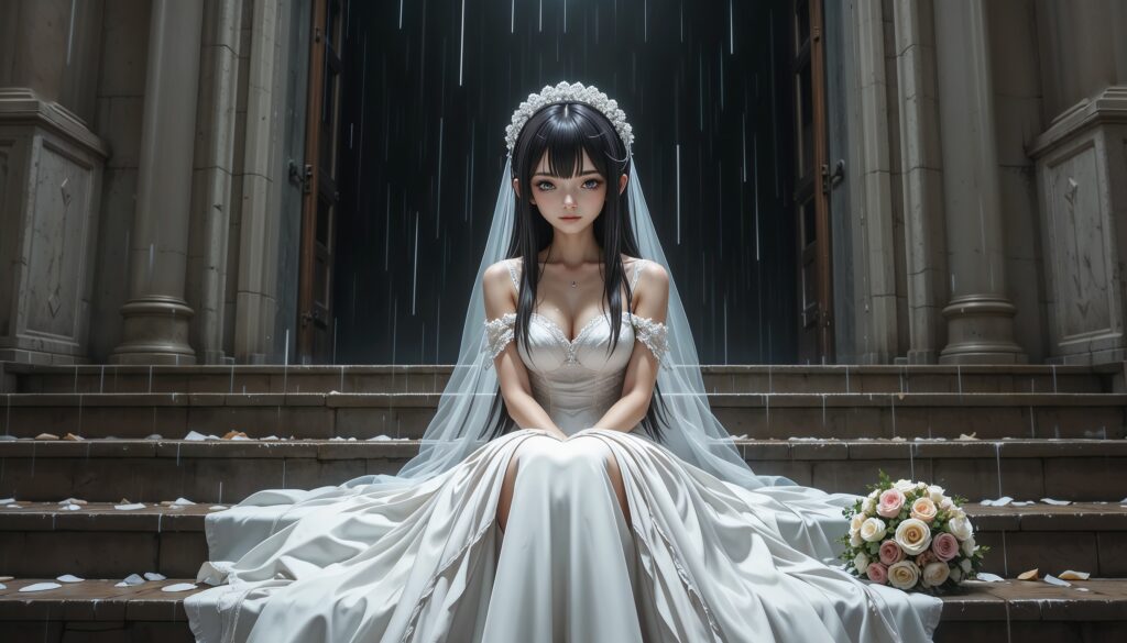Abandoned Bride – Rain on the Steps 1 Anime_Girl_In_Ripped_Wedding_Dress_On_Church_Steps_Under_Rain_With_Smudged_Makeup_Image_Of_Sad_Anime