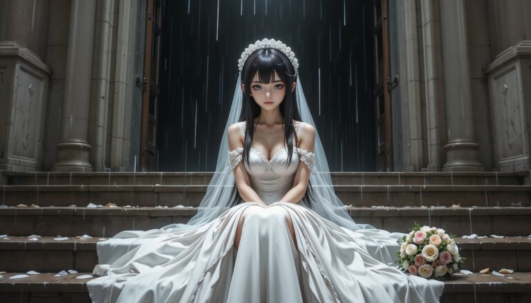 Anime_Girl_In_Ripped_Wedding_Dress_On_Church_Steps_Under_Rain_With_Smudged_Makeup_Image_Of_Sad_Anime