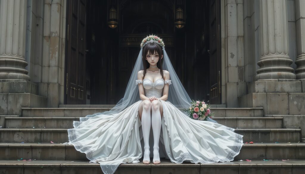 Broken Vows – Sad Anime Wedding Scene 1 Anime_Girl_In_Ripped_Wedding_Dress_On_Church_Steps_Under_Rain_With_Smudged_Makeup_Image_Of_Sad_Anime