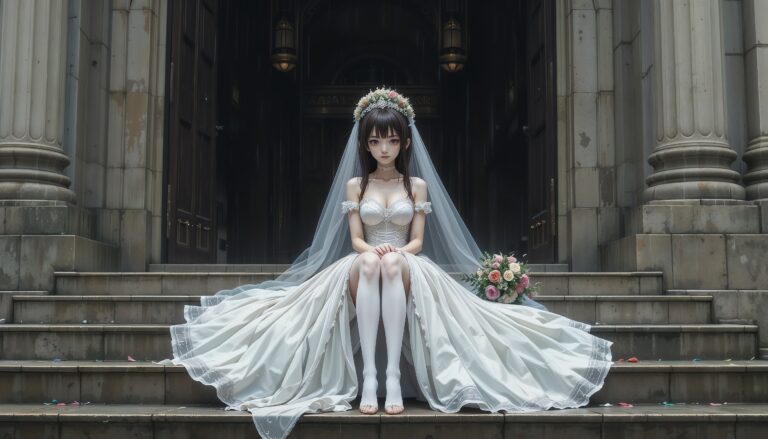 Anime_Girl_In_Ripped_Wedding_Dress_On_Church_Steps_Under_Rain_With_Smudged_Makeup_Image_Of_Sad_Anime