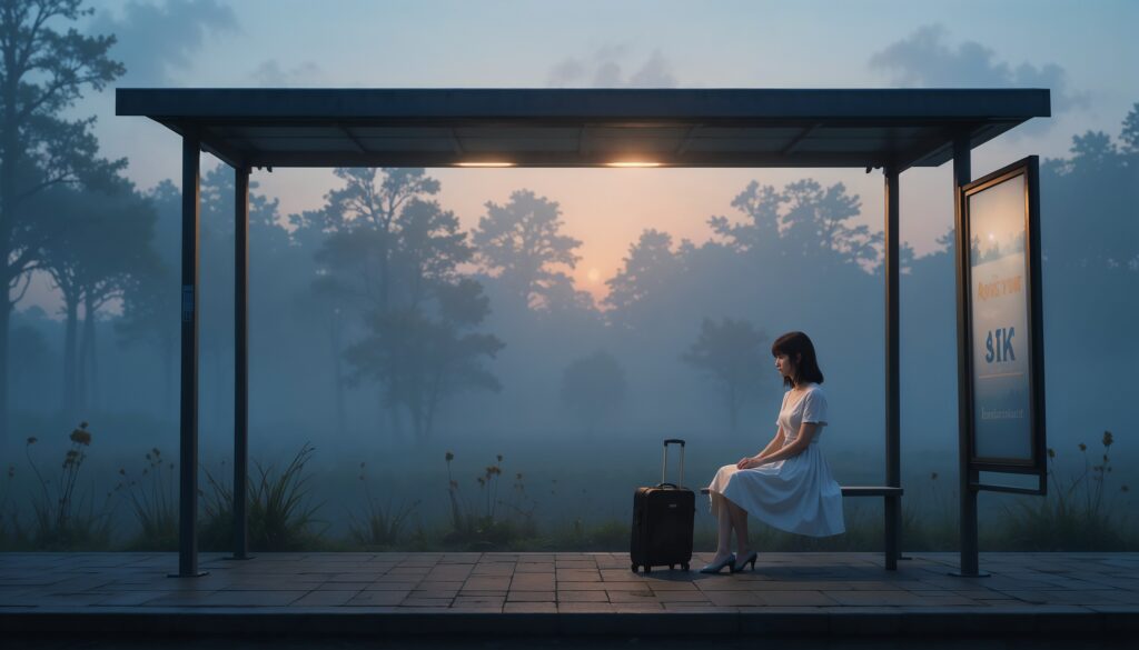 The Stop That Never Came – Alone at Dawn 1 Anime_Girl_In_White_Dress_At_Bus_Stop_Alone_At_Dawn_With_Suitcase_And_Sad_Eyes_Image_Of_Sad_Anime
