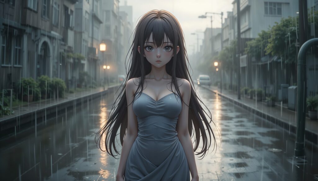 Drenched and Broken – Sad Anime Elegance 1 Anime_Girl_With_Long_Wet_Hair_On_Bridge_In_Rain_With_Heartbroken_Eyes_Image_Of_Sad_Anime