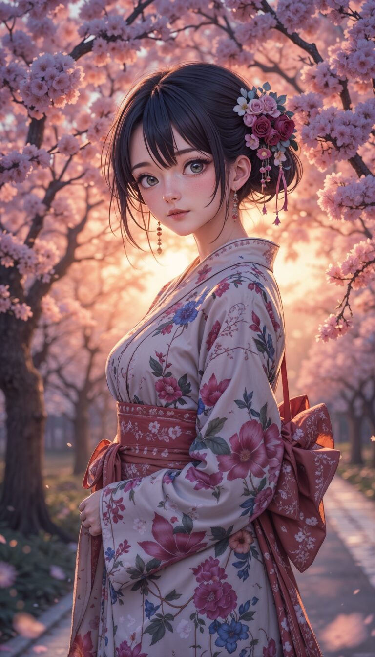 Anime_Girl_In_Floral_Kimono_Under_Cherry_Blossoms_At_Sunset_Dreamy_Aesthetic_mobile_phone_wallpaper_HD_Best_Wallpapers_for_Girls