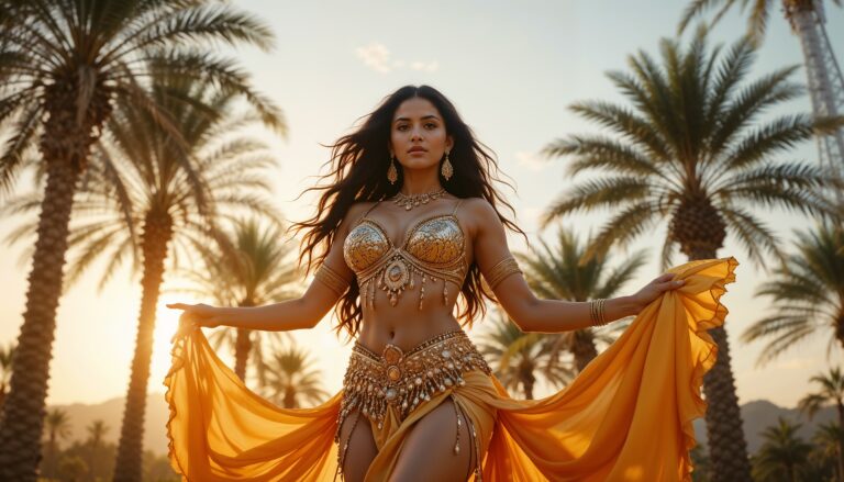 At_Sunrise_Palm_Tree_Curvy_Belly_Dancer_Dancing_In_Yellow_and_Golden_Costume_mobile_phone_wallpaper_HD