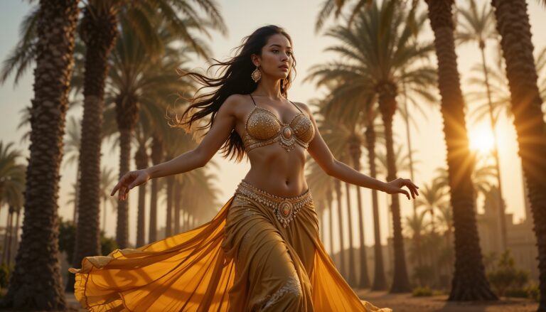 At_Sunrise_Palm_Tree_Curvy_Belly_Dancer_Dancing_In_Yellow_and_Golden_Costume_mobile_phone_wallpaper_HD
