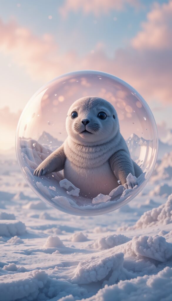 Baby_Seal_Inside_Bubble_Floating_Above_Pastel_Arctic_Landscape_Cute_Wallpaper_For_Phone