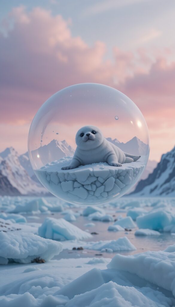 Baby_Seal_Inside_Bubble_Floating_Above_Pastel_Arctic_Landscape_Cute_Wallpaper_For_Phone