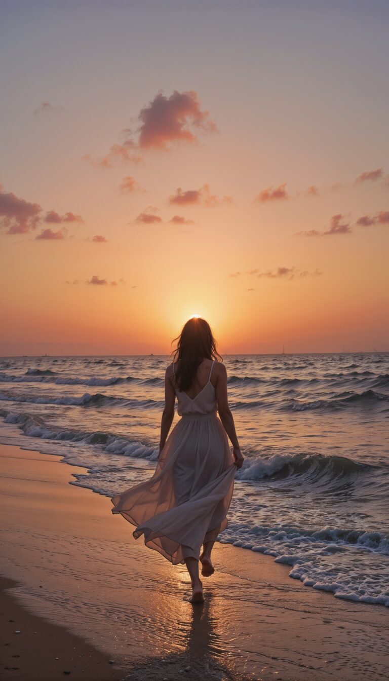 Beach_Sunset_Girl_Walking_Along_The_Shore_In_Flowy_Dress_Golden_Pink_Hues_mobile_phone_wallpaper_HD_Best_Wallpapers_for_Girls