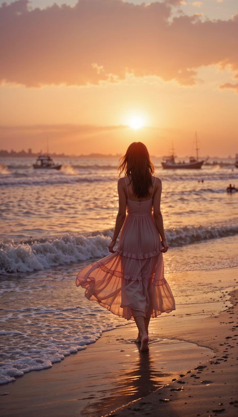 Beach_Sunset_Girl_Walking_Along_The_Shore_In_Flowy_Dress_Golden_Pink_Hues_mobile_phone_wallpaper_HD_Best_Wallpapers_for_Girls