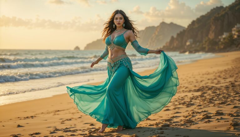 Beachside_Turquoise_Belly_Dancer_Dancing_On_Sandy_Shore_mobile_phone_wallpaper_HD