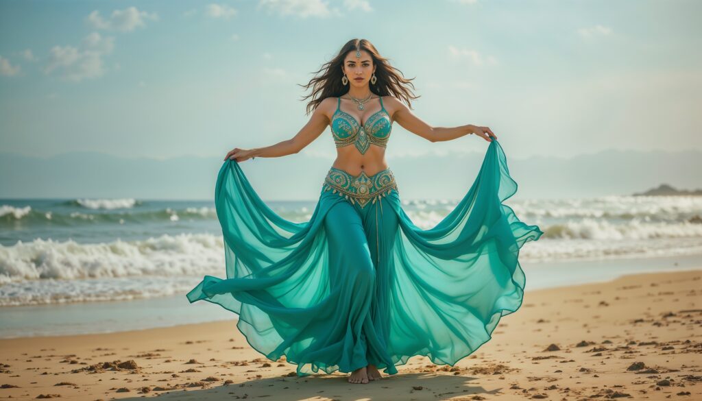 Beachside_Turquoise_Belly_Dancer_Dancing_On_Sandy_Shore_mobile_phone_wallpaper_HD