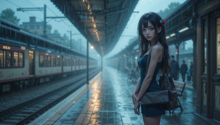 Beautiful_Anime_Girl_At_Train_Station_In_Tight_Dress_Under_Rain_With_Tears_Image_Of_Sad_Anime