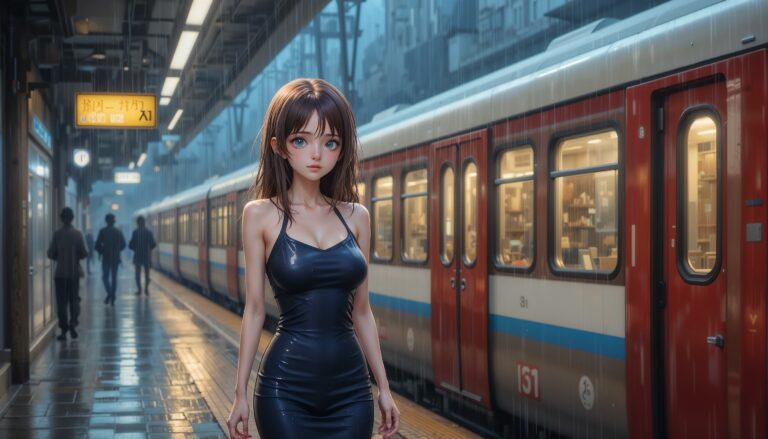 Beautiful_Anime_Girl_At_Train_Station_In_Tight_Dress_Under_Rain_With_Tears_Image_Of_Sad_Anime