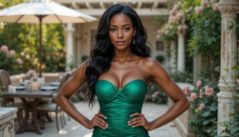 Black_Woman_In_Ruched_Emerald_Green_Bodycon_Dress_In_Garden_Patio_With_Floral_Background_Bodycon_Dress_Photoshoot_Poses
