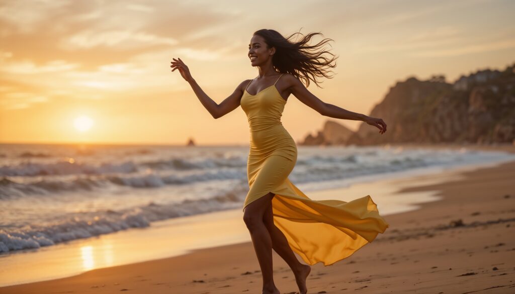 Dark_Skinned_Woman_In_Pastel_Yellow_Bodycon_Dress_Dancing_On_Beach_At_Sunrise_Bodycon_Dress_Photoshoot_Poses