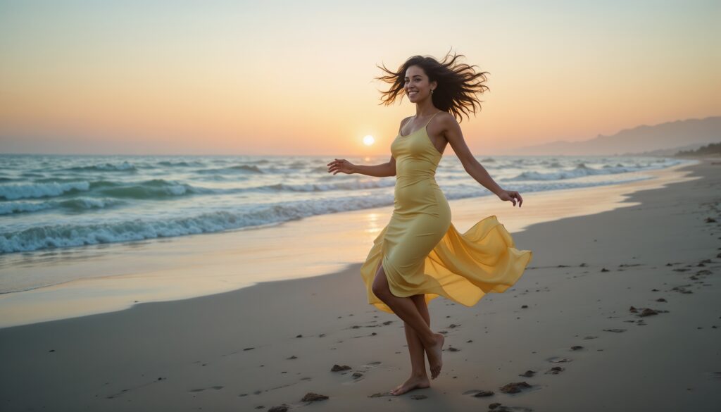 Dark_Skinned_Woman_In_Pastel_Yellow_Bodycon_Dress_Dancing_On_Beach_At_Sunrise_Bodycon_Dress_Photoshoot_Poses