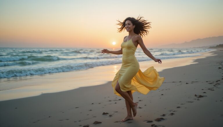 Dark_Skinned_Woman_In_Pastel_Yellow_Bodycon_Dress_Dancing_On_Beach_At_Sunrise_Bodycon_Dress_Photoshoot_Poses