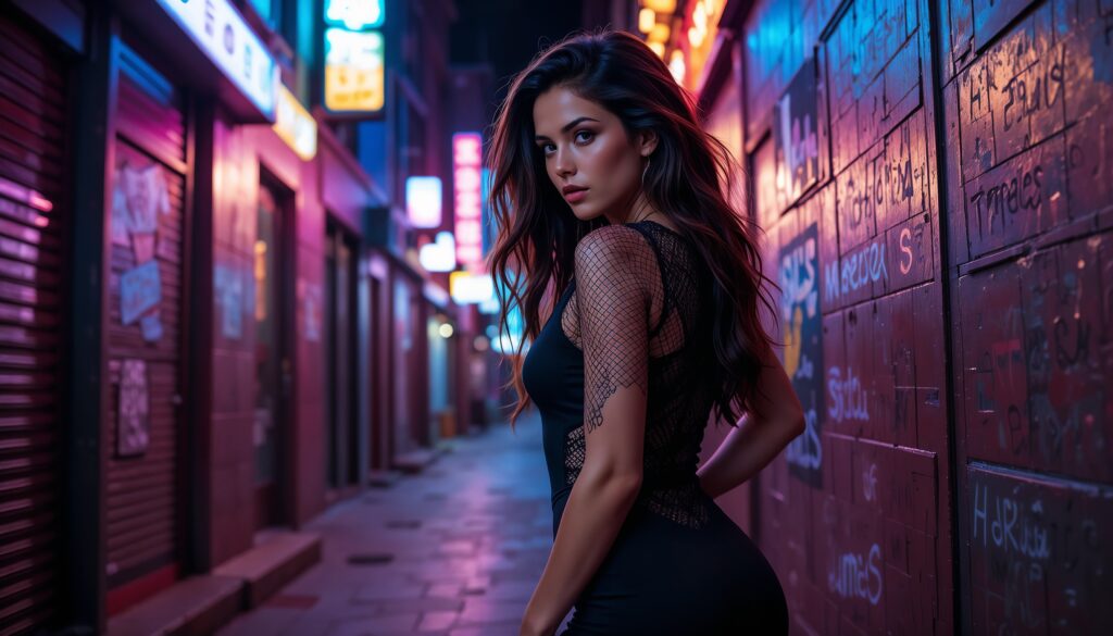 Girl_In_Black_Mesh_Bodycon_Dress_In_Neon_Alley_Night_Photoshoot_Edgy_Style_Bodycon_Dress_Photoshoot_Poses