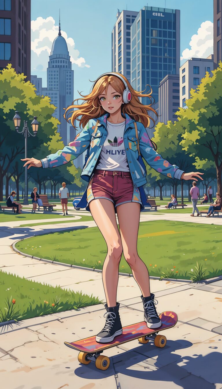 Bold_Illustration_Of_Girl_Skateboarding_In_City_Park_Wearing_Colorful_Streetwear_And_Headphones_mobile_phone_wallpaper_HD_Best_Wallpapers_for_Girls