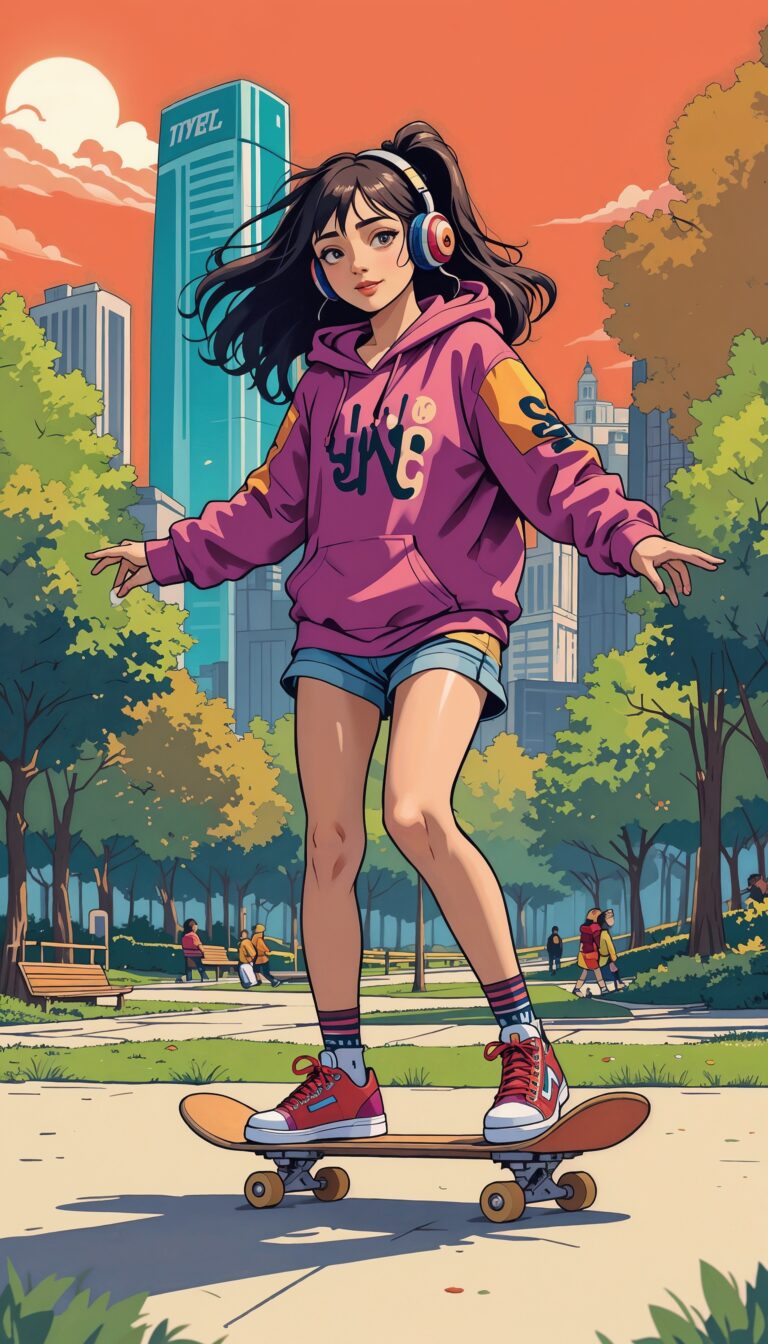 Bold_Illustration_Of_Girl_Skateboarding_In_City_Park_Wearing_Colorful_Streetwear_And_Headphones_mobile_phone_wallpaper_HD_Best_Wallpapers_for_Girls