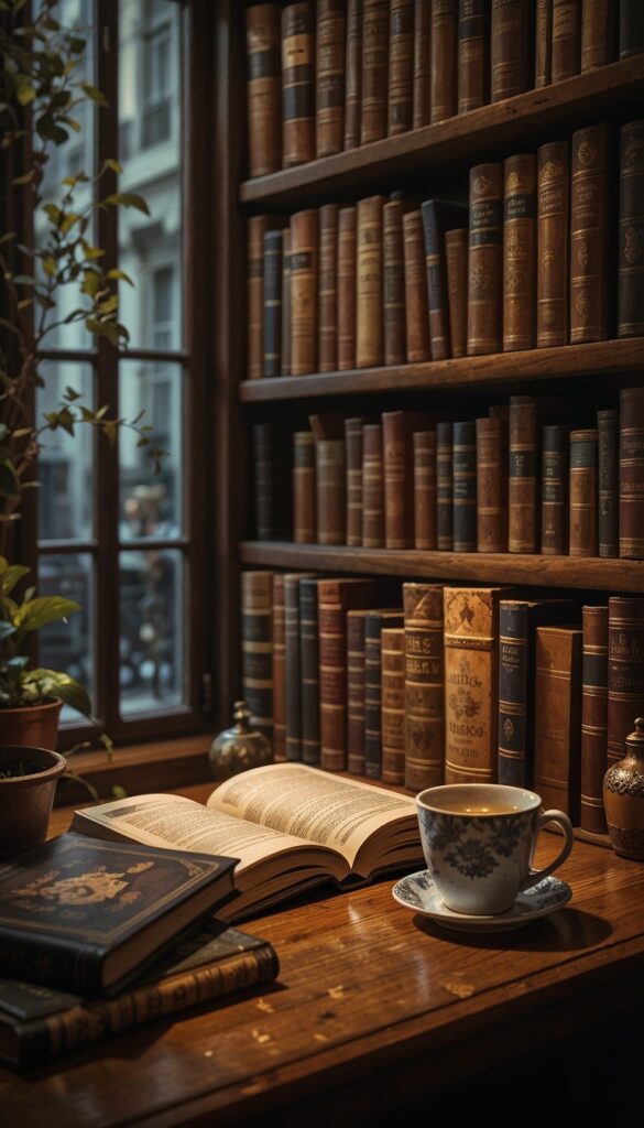 Bookshelf_Aesthetic_With_Warm_Light_Antique_Books_And_Coffee_Cup_mobile_phone_wallpaper_HD