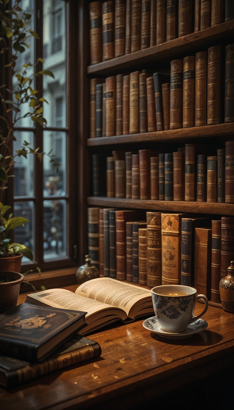 Bookshelf_Aesthetic_With_Warm_Light_Antique_Books_And_Coffee_Cup_mobile_phone_wallpaper_HD