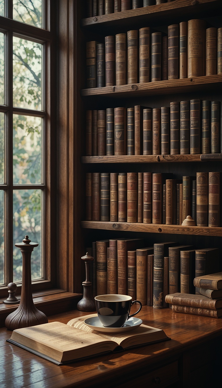Bookshelf_Aesthetic_With_Warm_Light_Antique_Books_And_Coffee_Cup_mobile_phone_wallpaper_HD