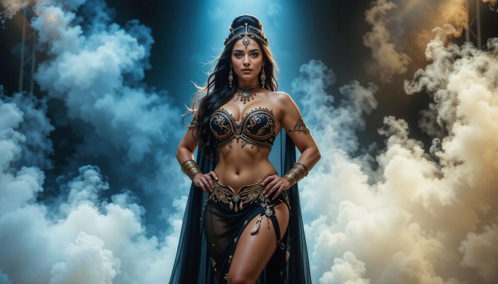Cape_Wearing_Curvy_Belly_Dancer_in_Gold_and_Black_Outfit_Under_Theatrical_Spotlight_In_Studio_mobile_phone_wallpaper_HD