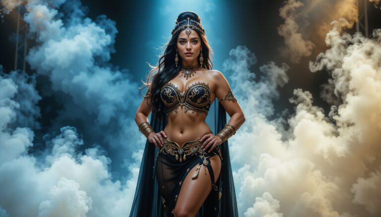 Cape_Wearing_Curvy_Belly_Dancer_in_Gold_and_Black_Outfit_Under_Theatrical_Spotlight_In_Studio_mobile_phone_wallpaper_HD
