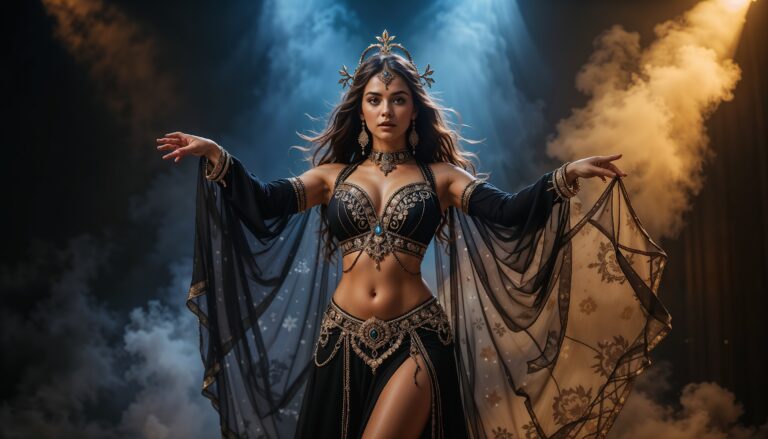 Cape_Wearing_Curvy_Belly_Dancer_in_Gold_and_Black_Outfit_Under_Theatrical_Spotlight_In_Studio_mobile_phone_wallpaper_HD