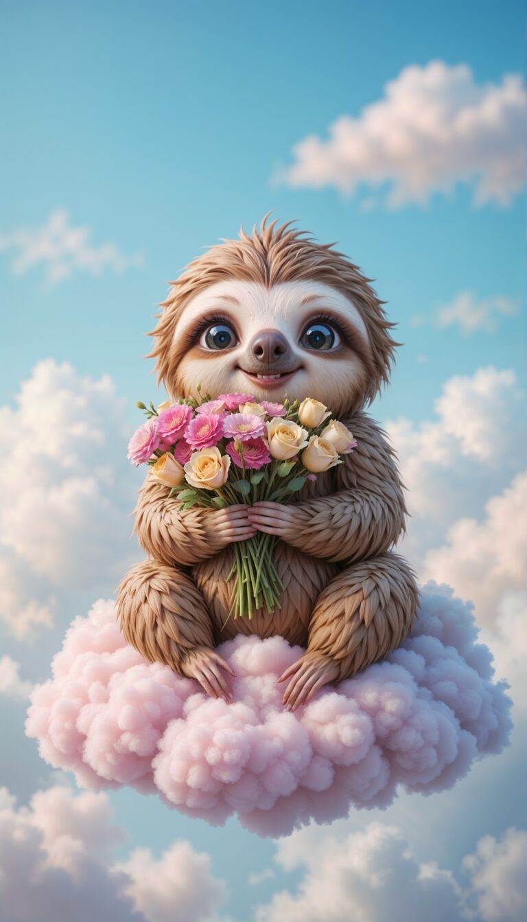 Cartoon_Sloth_Holding_Flower_Bouquet_On_Candy_Colored_Cloud_Cute_Wallpaper_For_Phone