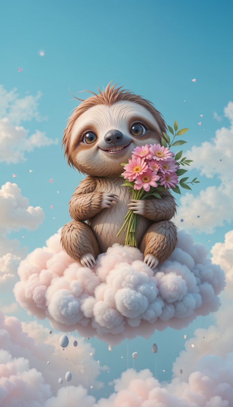 Cartoon_Sloth_Holding_Flower_Bouquet_On_Candy_Colored_Cloud_Cute_Wallpaper_For_Phone