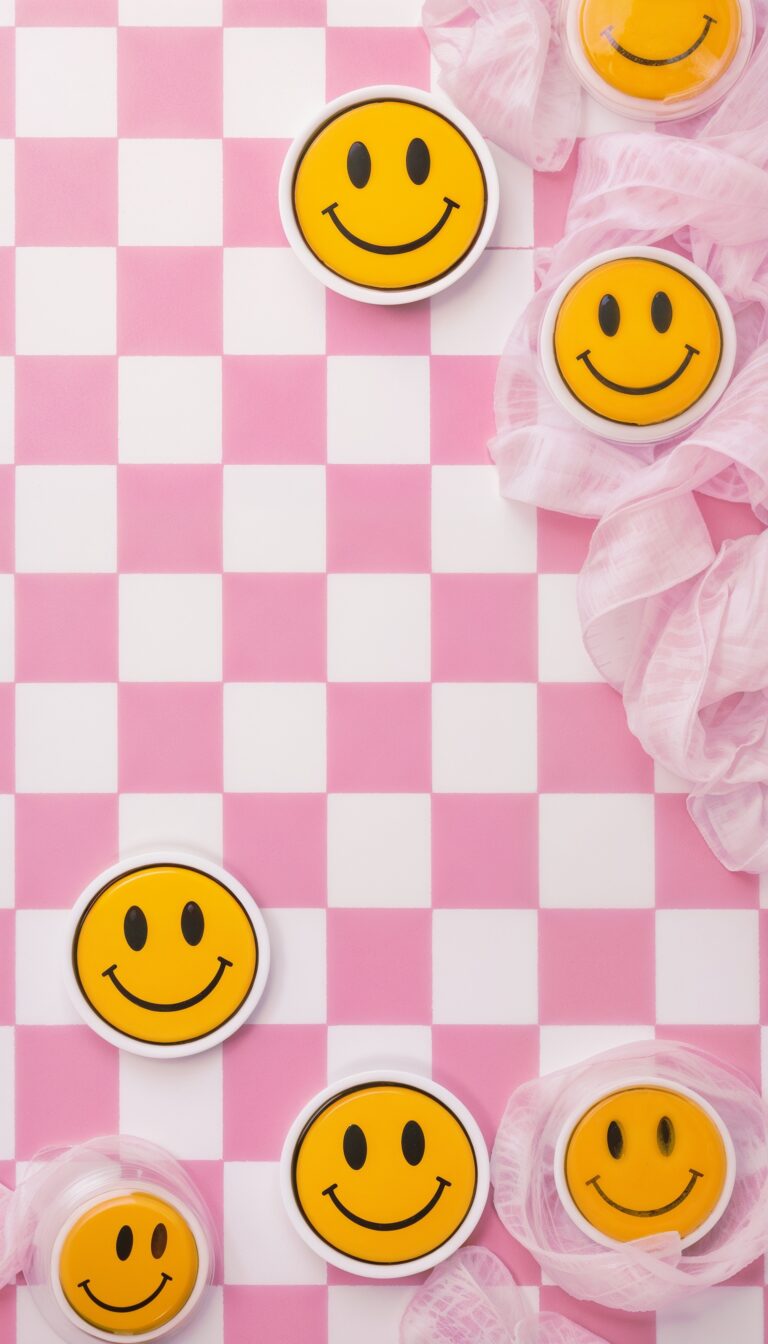 Checkered_Pink_And_White_Background_With_Smiley_Stickers_Playful_Aesthetic_mobile_phone_wallpaper_HD