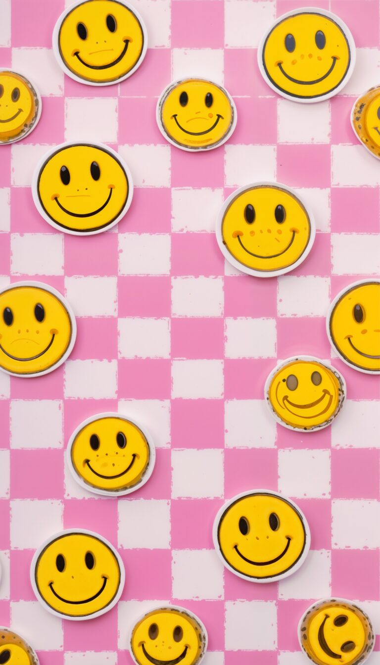 Checkered_Pink_And_White_Background_With_Smiley_Stickers_Playful_Aesthetic_mobile_phone_wallpaper_HD